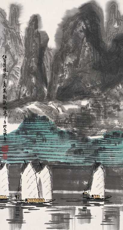 徐希 壬戌（1982年）作 江上风帆图 立轴